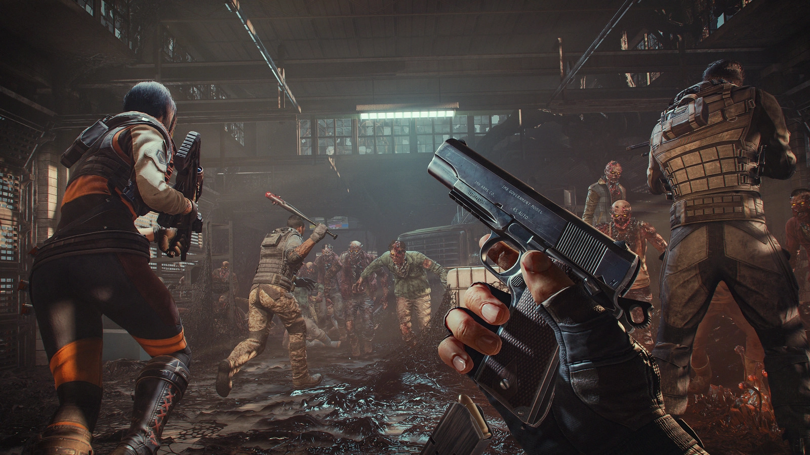 Players in a warehouse battle a horde of zombies, showcasing intense combat in Toxic Commando gameplay