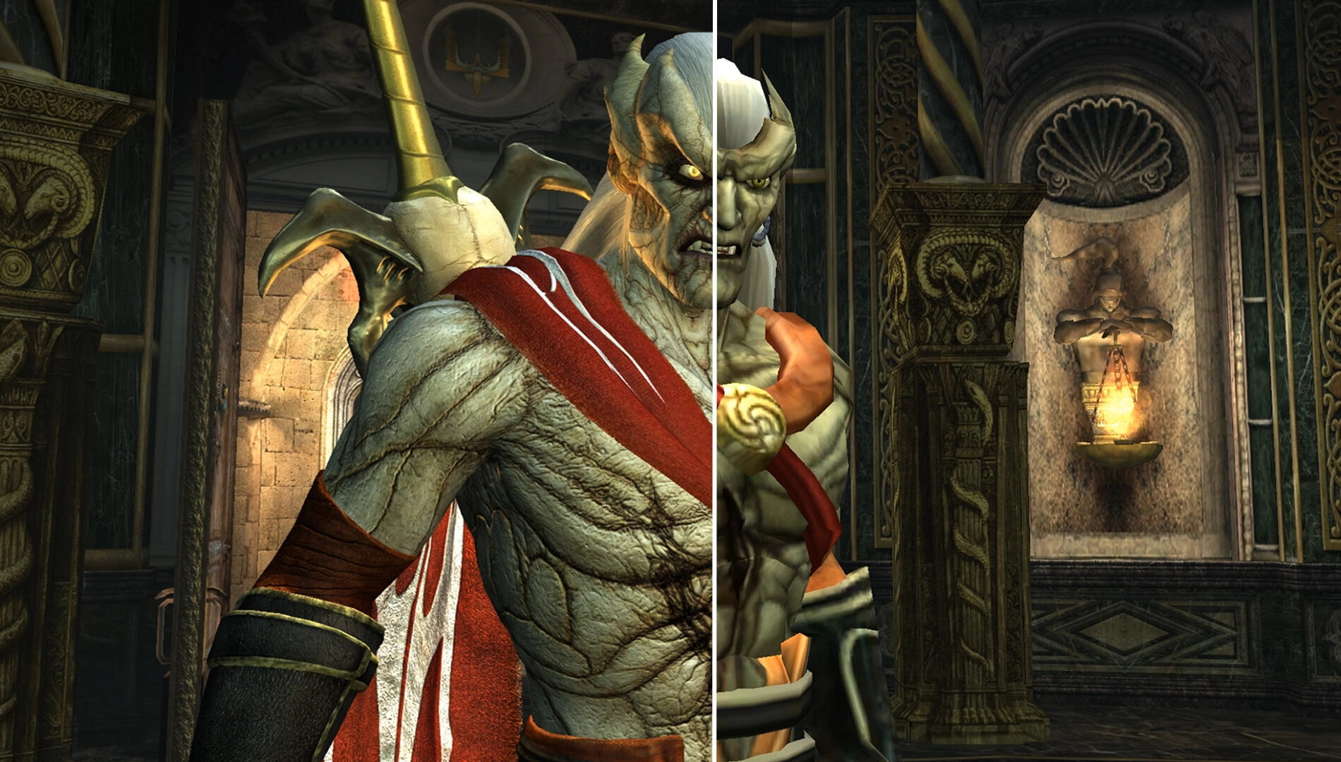 Split image showing graphical comparison of Legacy of Kain: Defiance character in remastered and original versions