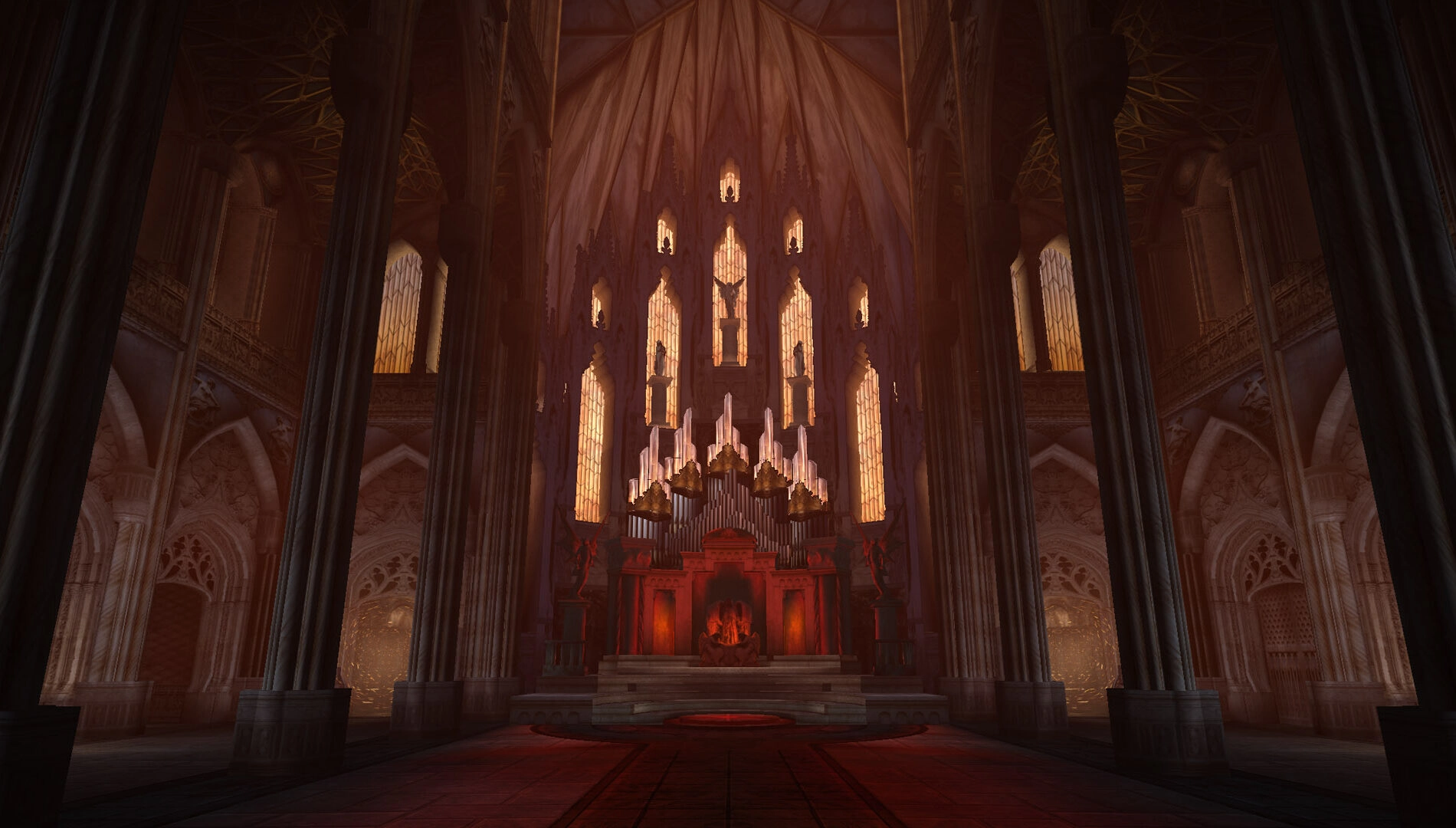 Gothic cathedral interior with towering columns and a grand organ, illuminated by warm, ambient lighting
