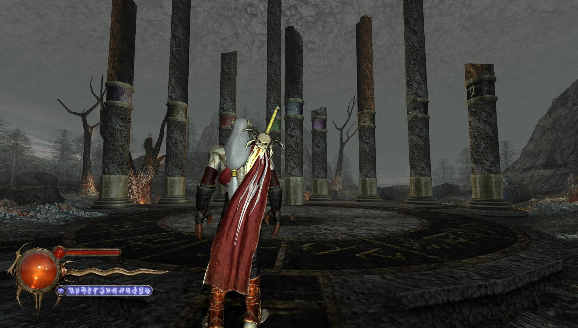 A character in a red cloak stands before ancient stone pillars in a dark, atmospheric landscape