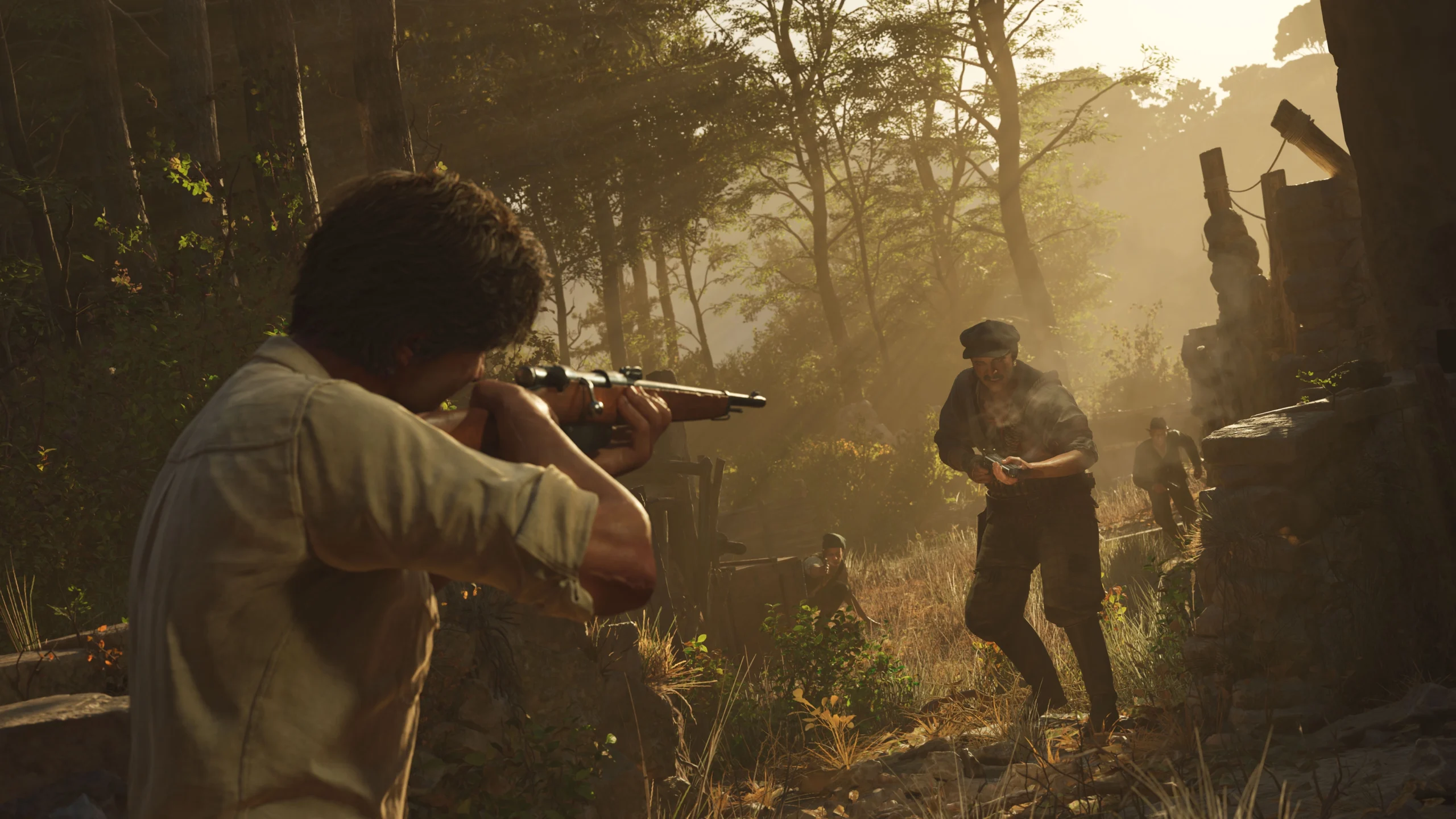 Man aiming rifle at another man in a forest setting, capturing tense moment from Mafia: The Old Country game