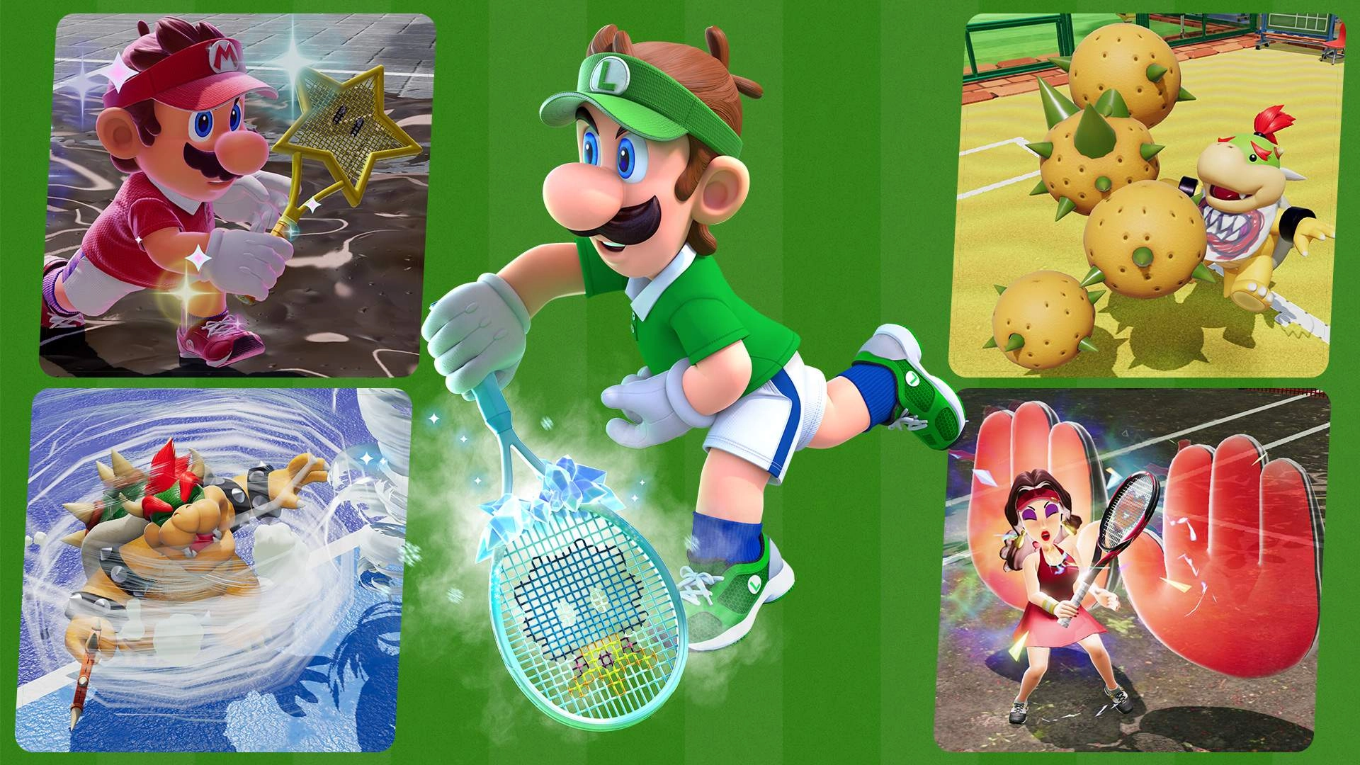 Mario, Luigi, and other characters playing tennis with Fever Rackets on various themed courts