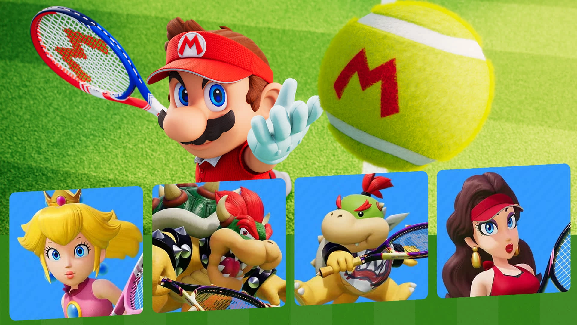 Mario and Mushroom Kingdom characters playing tennis with Fever Rackets on a vibrant court background