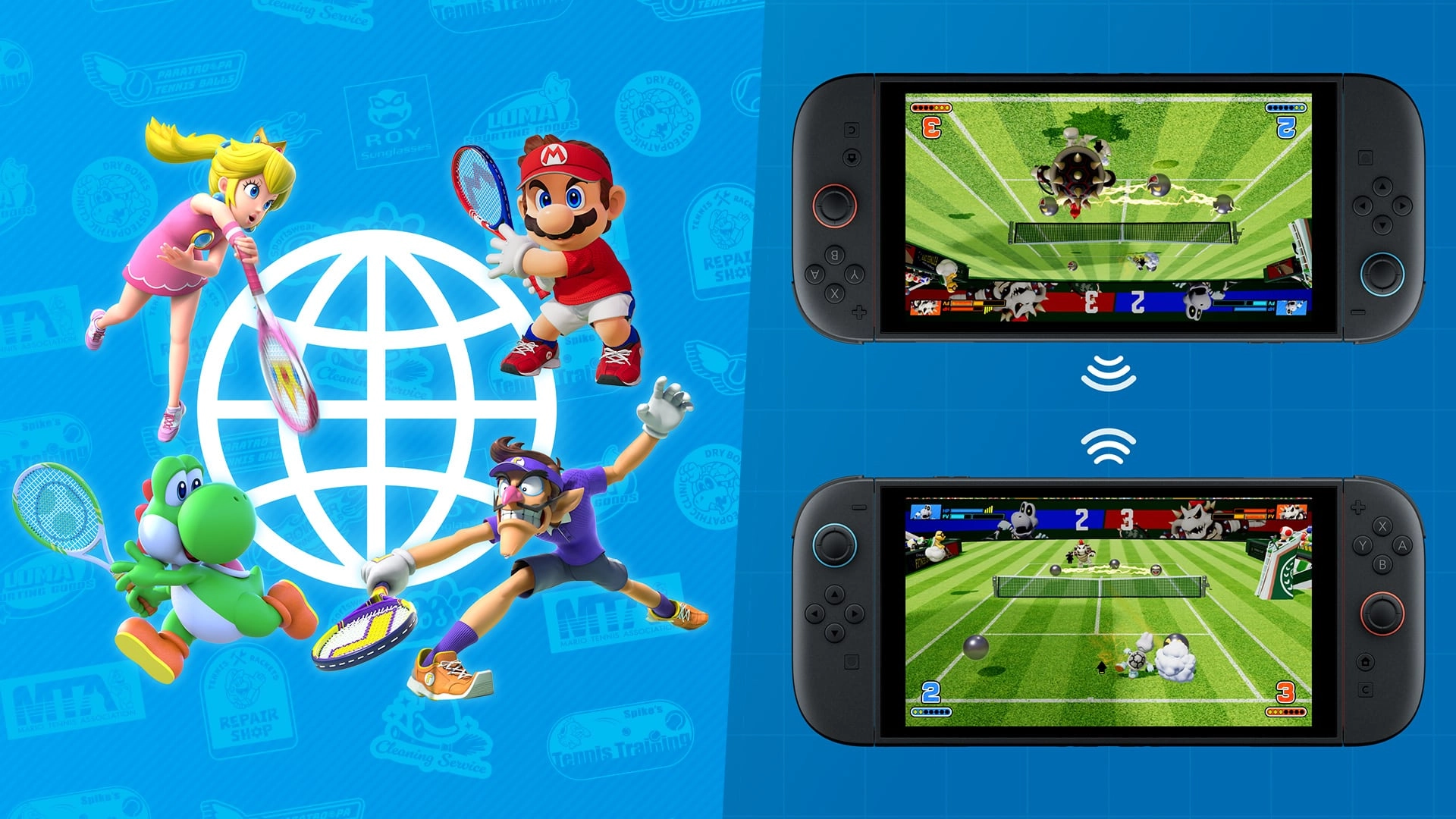 Mario, Peach, Yoshi, and Waluigi playing tennis on Nintendo Switch 2, showcasing Fever Rackets gameplay