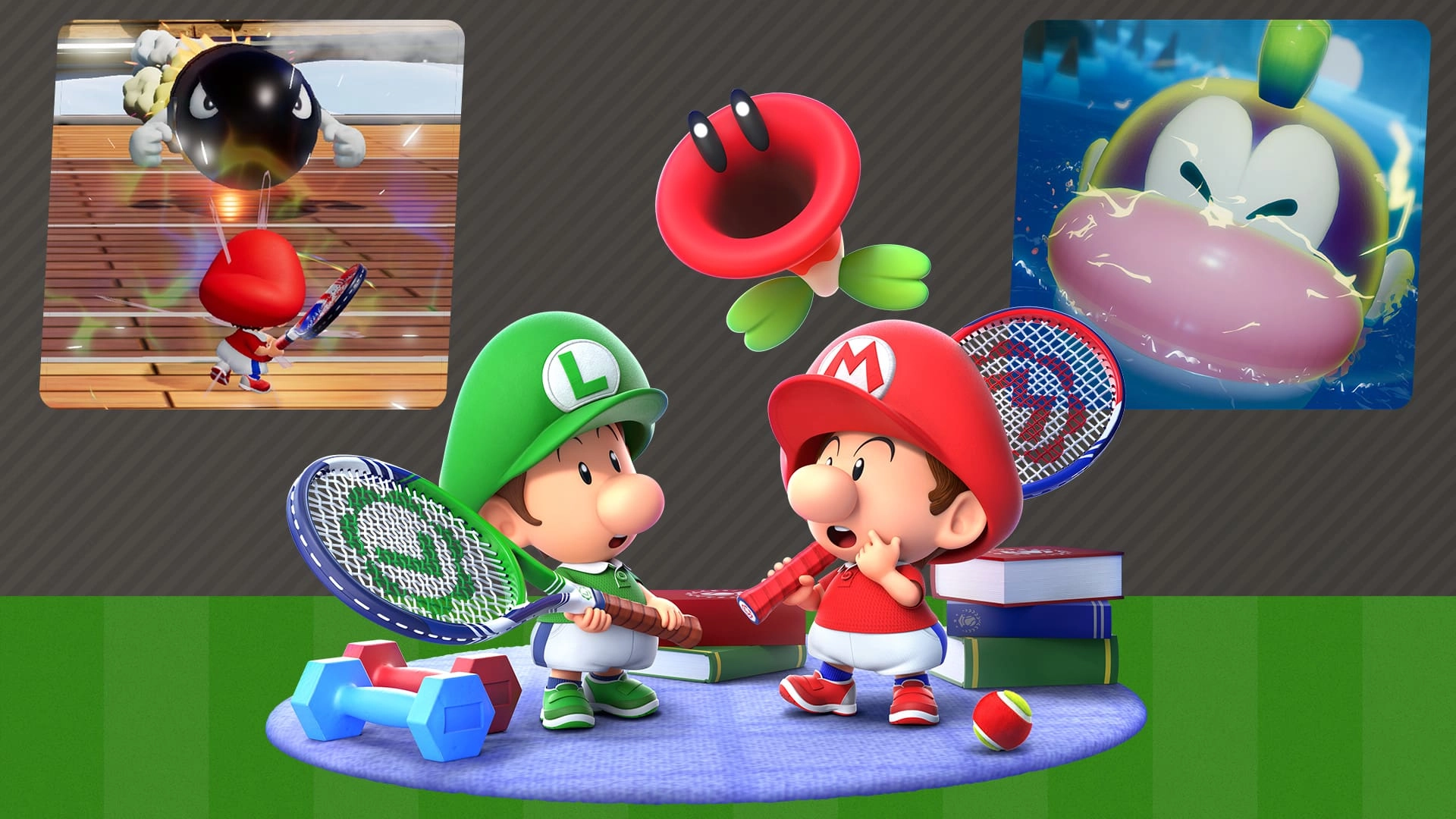 Luigi and Mario in tennis gear with Fever Rackets, surrounded by game elements and characters from Mario Tennis Fever