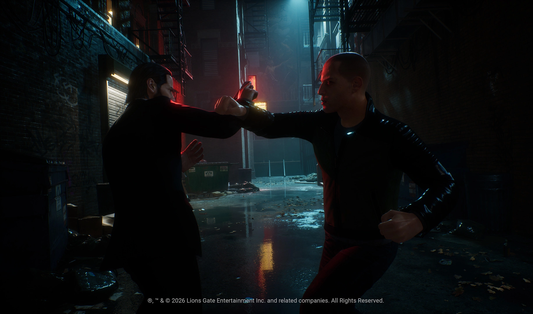 Two characters engage in a dramatic fight scene in a dimly lit alley, showcasing intense action