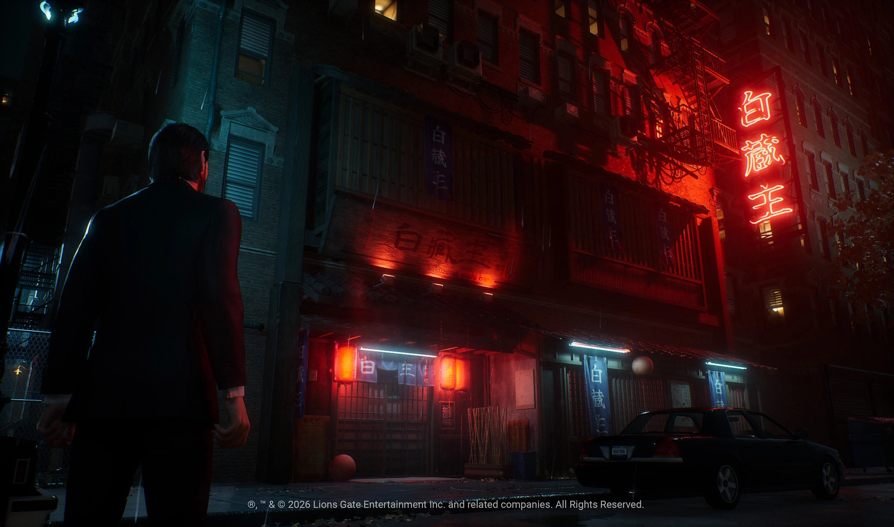 A man in a suit stands in a dimly lit alley with neon signs, evoking a cinematic and intense atmosphere