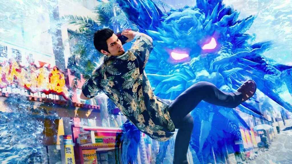 A man in a floral shirt performs a dynamic kick against a glowing blue creature in a vibrant urban setting