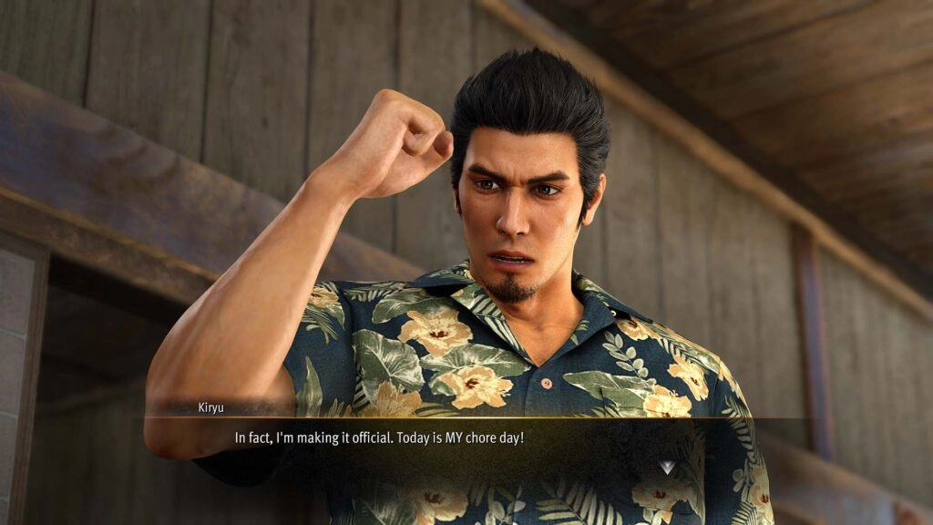 Kiryu in a floral shirt, raising his fist with determination, declaring it his chore day at the orphanage