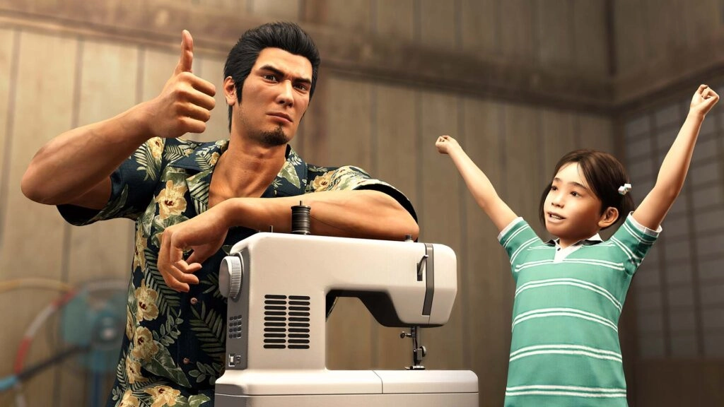 Kiryu gives a thumbs-up beside a sewing machine, while a child joyfully raises her arms in excitement