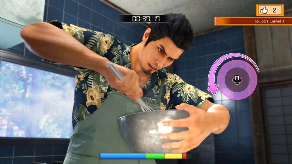 Kiryu in a floral shirt and apron intensely whisking ingredients in a kitchen, timer and score displayed