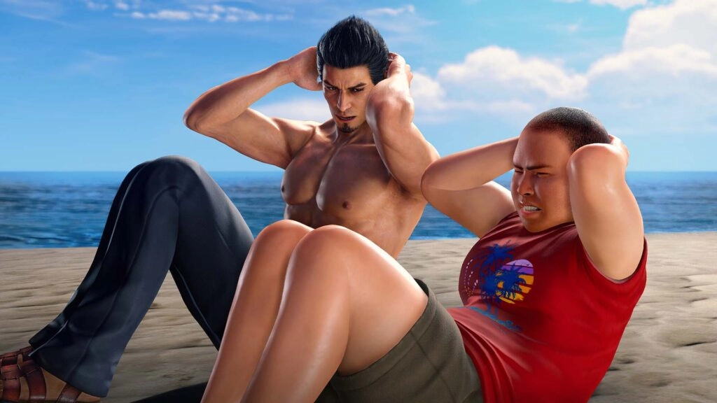 Kiryu and a child doing sit-ups on a beach, showcasing training and bonding activities in Yakuza Kiwami 3