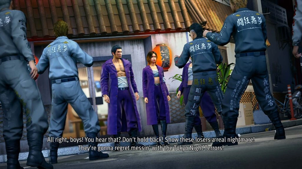 Kiryu and a woman in purple outfits confront a group of gang members in blue uniforms on a street