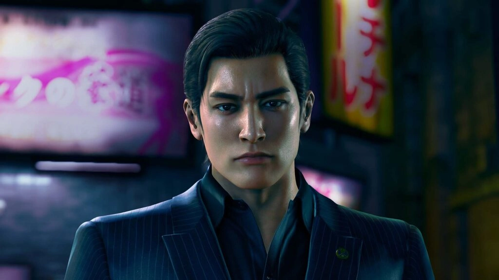 A serious-looking man in a dark suit stands in a neon-lit street, embodying the Yakuza theme