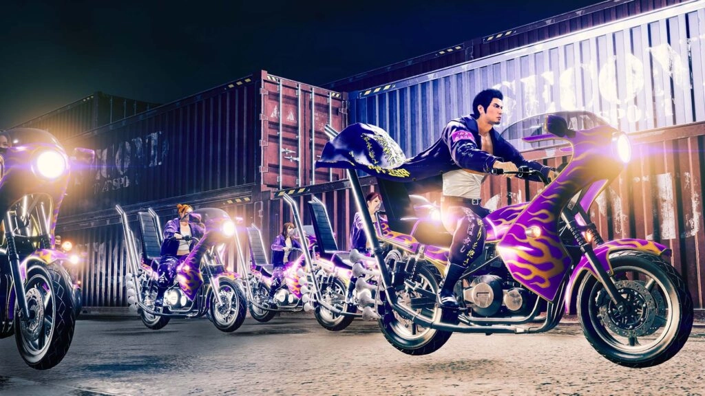 A group of bikers with vibrant, customized motorcycles in a dimly lit shipping container area