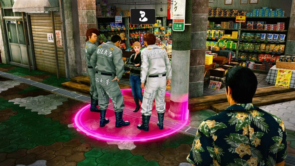 Kiryu observes a tense street encounter between a woman and three men in uniforms outside a convenience store