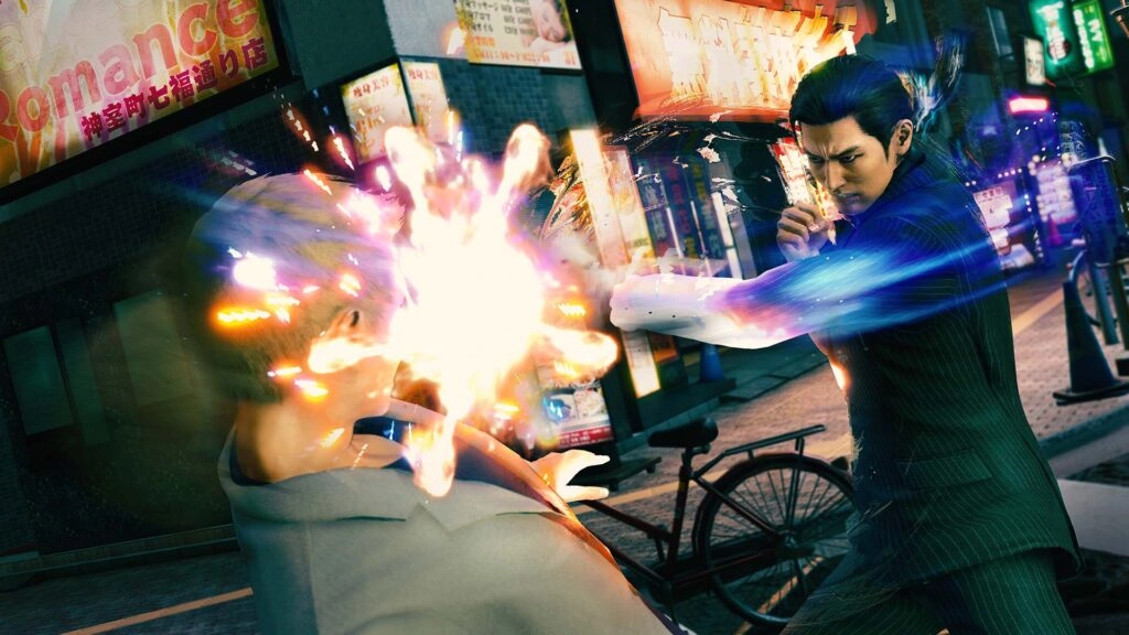 Dynamic street fight scene with intense energy burst between two characters in a vibrant urban setting