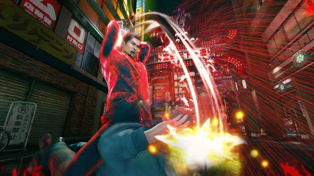 Kiryu delivering a powerful punch with dramatic red energy in a vibrant urban street setting