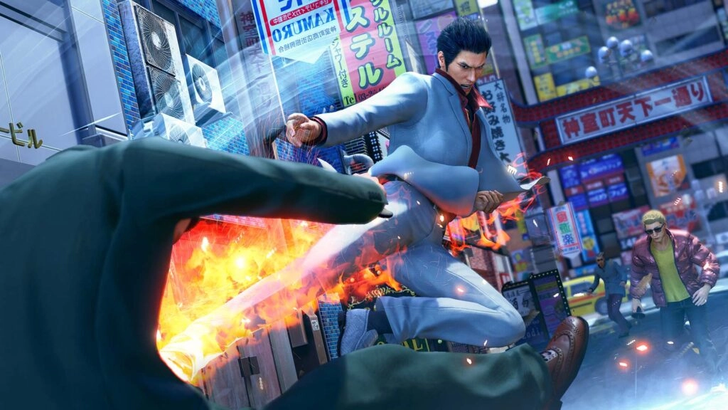 Kiryu delivering a fiery kick to an opponent in a bustling city street, showcasing intense combat action