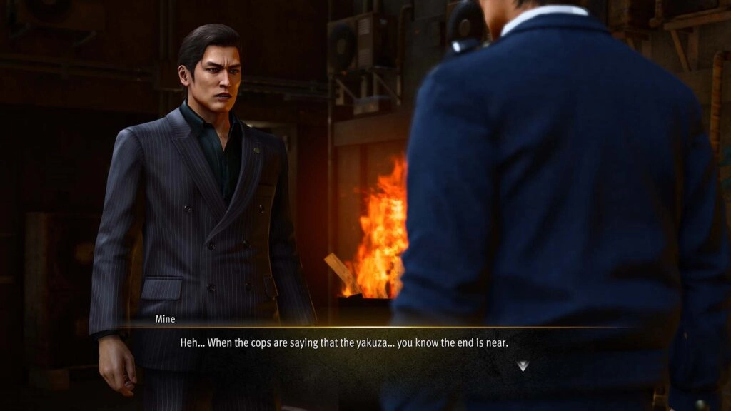 Mine confronts a man in a dimly lit room with a fire burning in the background, discussing the yakuza