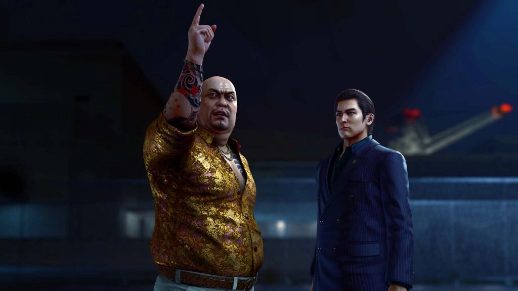 Two men in a tense confrontation, one pointing upwards, set against a dimly lit urban backdrop