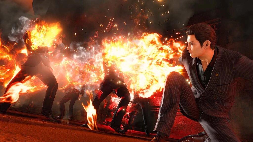 A man in a suit dodges fiery explosions in an intense action scene, showcasing dramatic combat skills