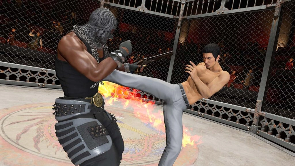 A shirtless man delivers a fiery kick to an armored opponent in an intense underground fight arena