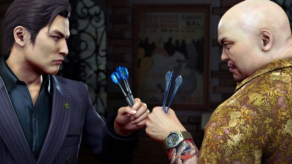 Two men in intense standoff holding darts, symbolizing rivalry and strategic confrontation in Yakuza Kiwami 3