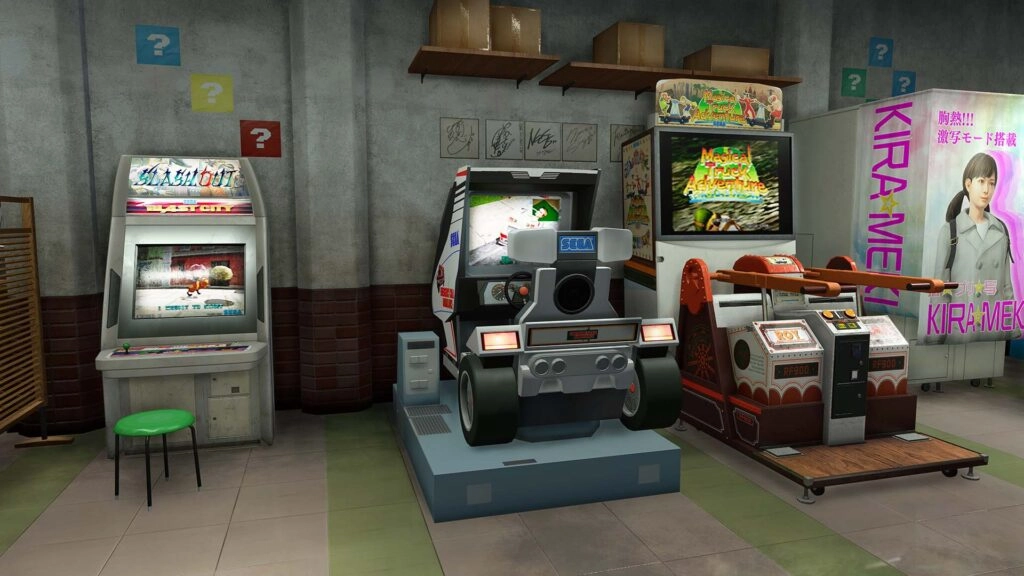 Arcade room with retro gaming machines, including slot machines and a racing game, in a vintage setting