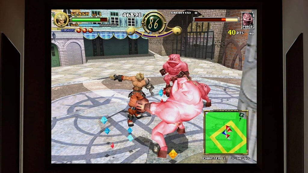 A video game screen showing a character fighting a pink creature in an arena with a map and health bar visible