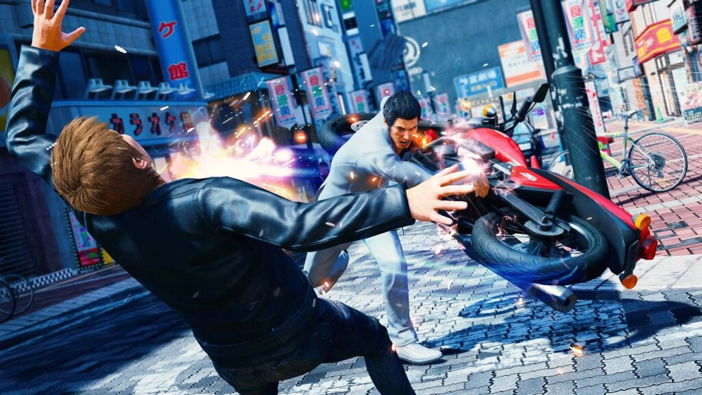 A man in a white suit swings a motorcycle at an opponent on a vibrant city street, showcasing intense action