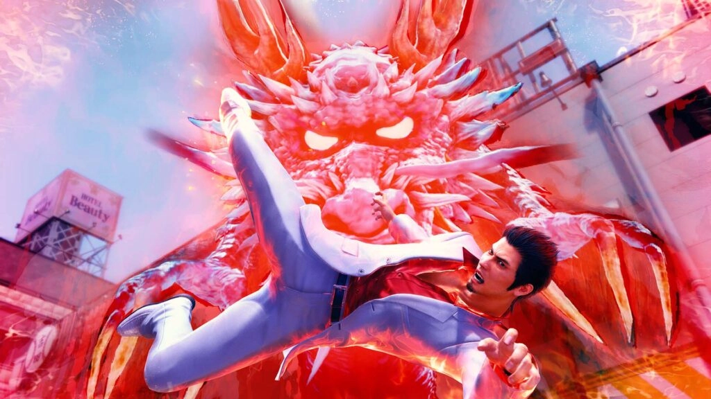 Kiryu in a dynamic battle pose with a fiery dragon spirit in the background, symbolizing intense action