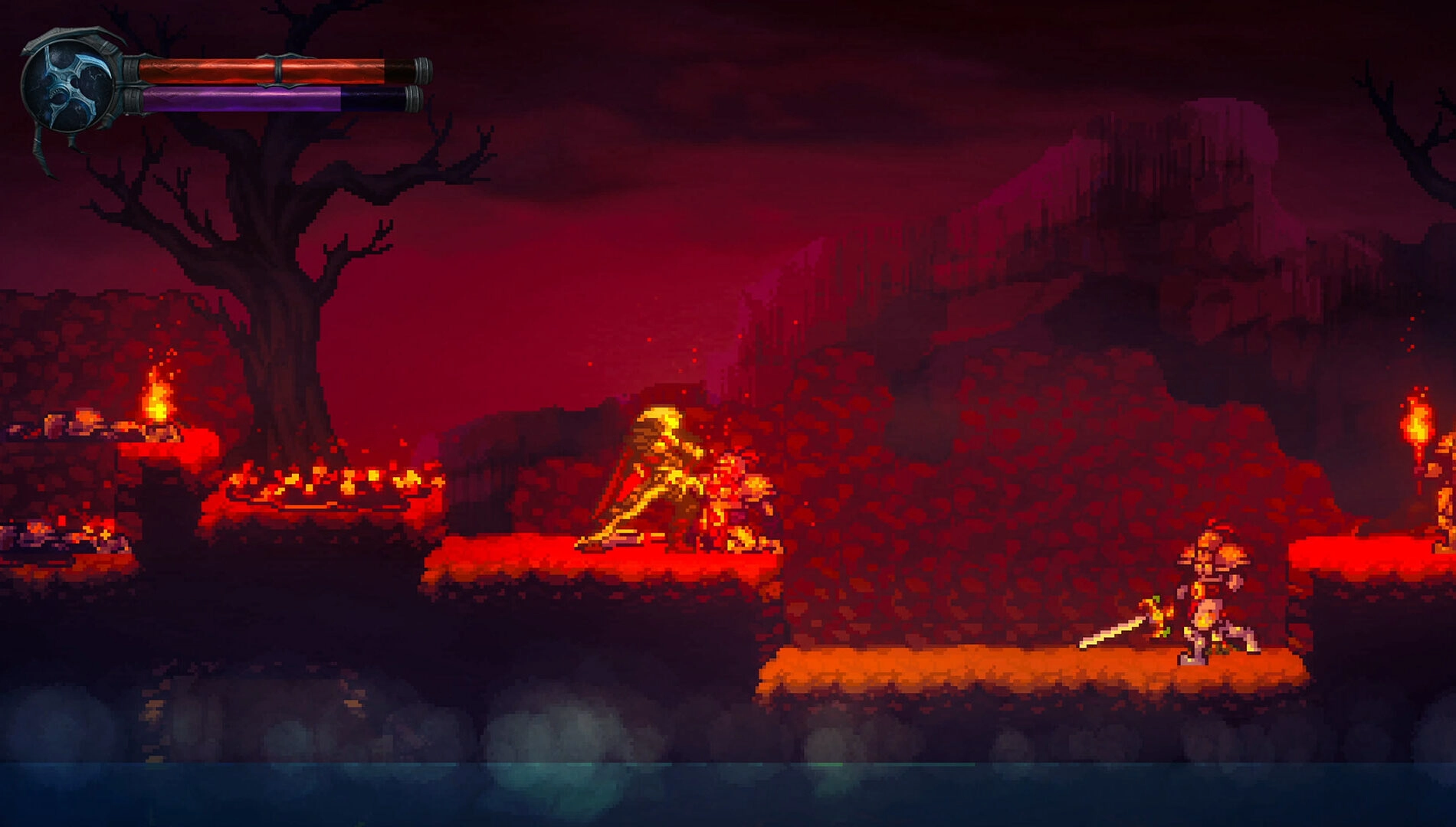 Gothic 2D platformer scene with two characters in combat, set in a fiery, dark landscape with pixel art style