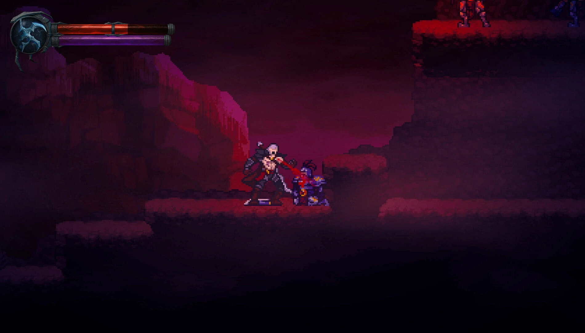 A vampire character battles a foe in a dark, gothic 2D platformer setting with pixel art graphics