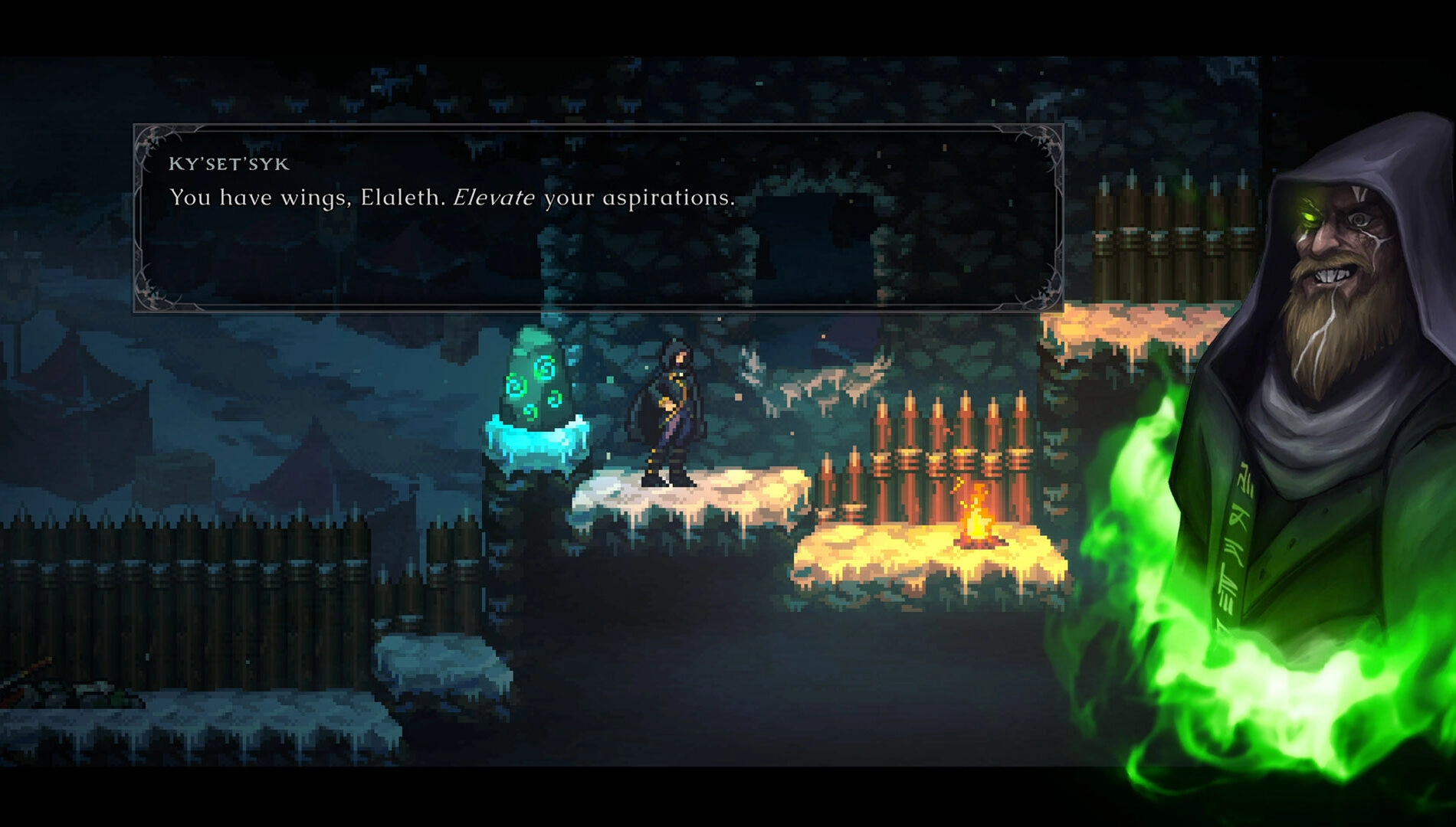 A character in a dark, gothic platformer setting, interacting with a glowing stone, surrounded by eerie fog