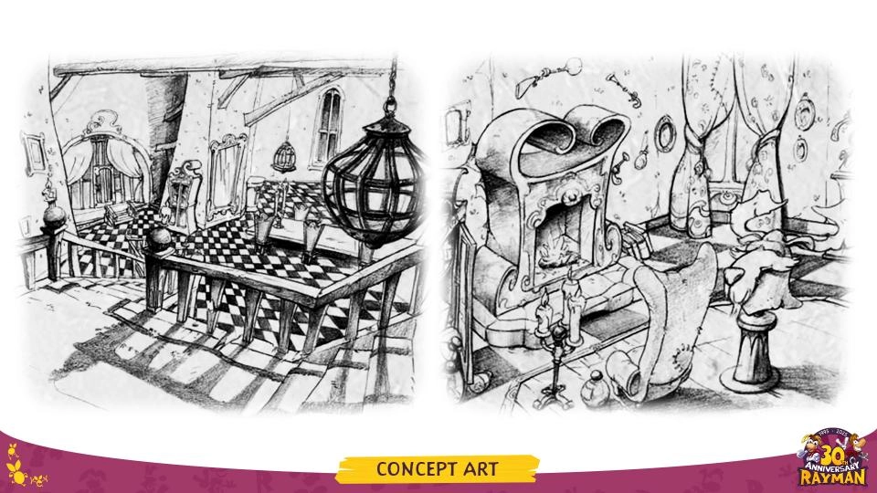 Rayman concept art showcasing a whimsical interior with checkered floors and a cozy fireplace setting