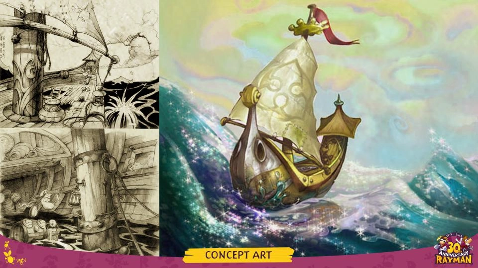 Rayman concept art featuring a whimsical boat sailing on colorful waters, celebrating 30 years of adventures