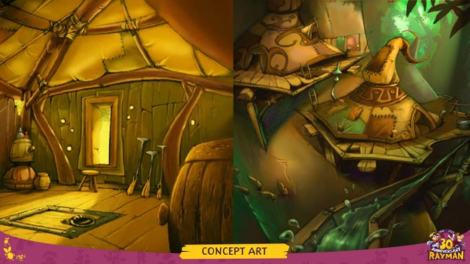 Rustic interior and whimsical forest hut from Rayman concept art, celebrating 30 years of Rayman adventures