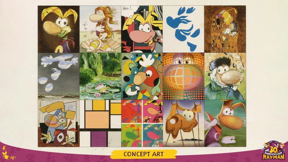 Collage of Rayman concept art showcasing various styles and designs from different Rayman games