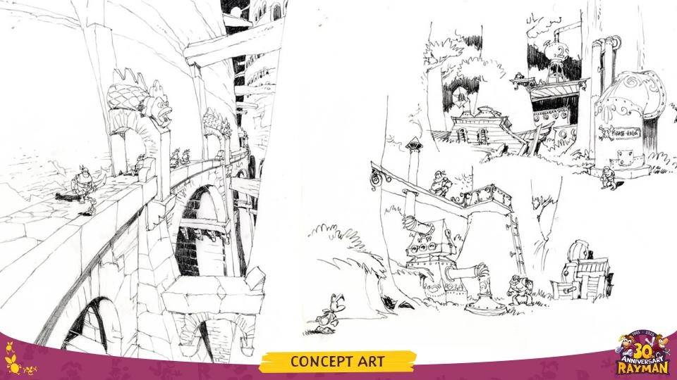 Rayman concept art showcasing detailed sketches of imaginative landscapes and characters in action