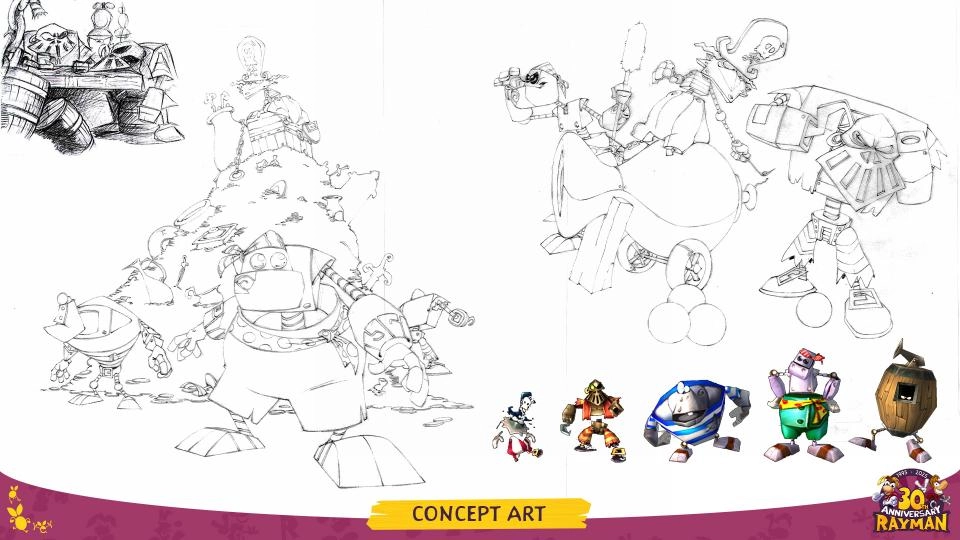Concept art featuring various Rayman characters in dynamic poses, celebrating 30 years of Rayman adventures