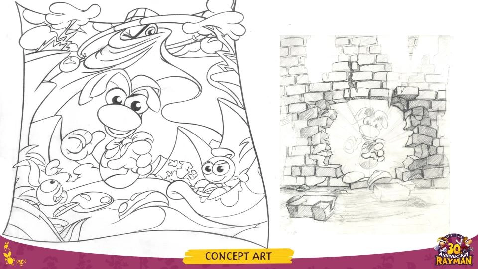 Rayman concept art featuring dynamic action scenes with Rayman and friends, celebrating 30 years of adventures