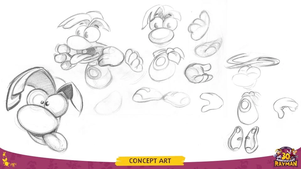 Sketches of Rayman character concept art, showcasing various expressions and poses for the 30th anniversary