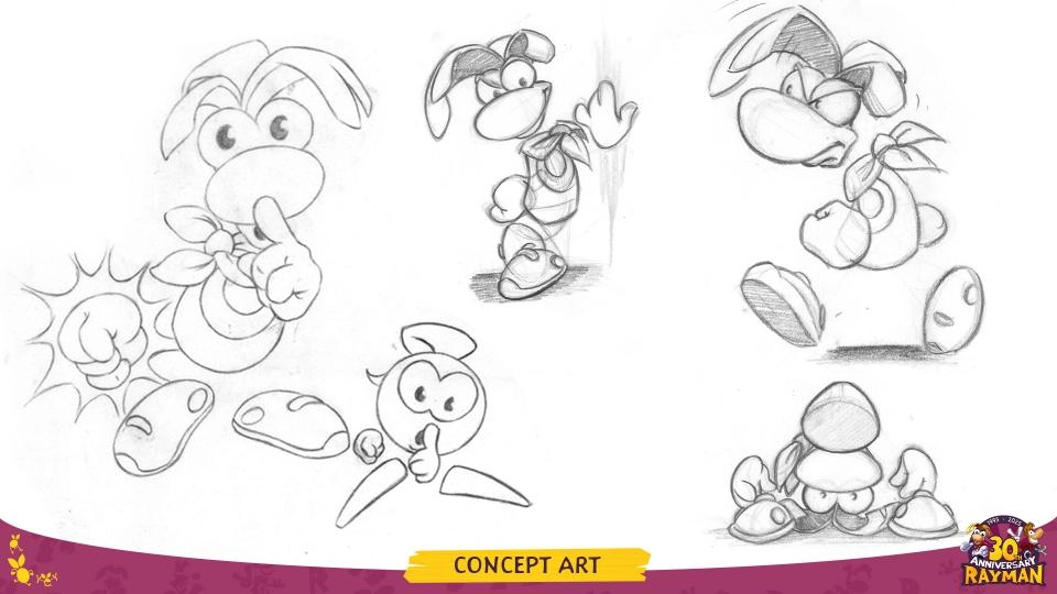 Rayman concept art sketches featuring various poses and expressions, celebrating 30 years of Rayman adventures