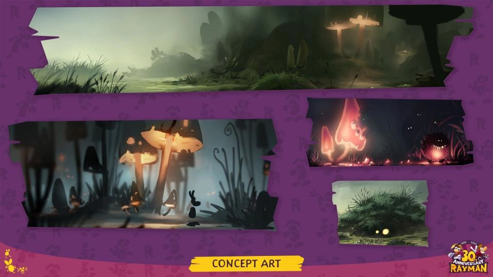 Rayman concept art featuring mystical forests with glowing mushrooms and shadowy creatures in a purple frame
