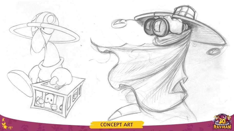 Sketch of a cartoon character in a hat and cape, with a small creature in a box, labeled concept art