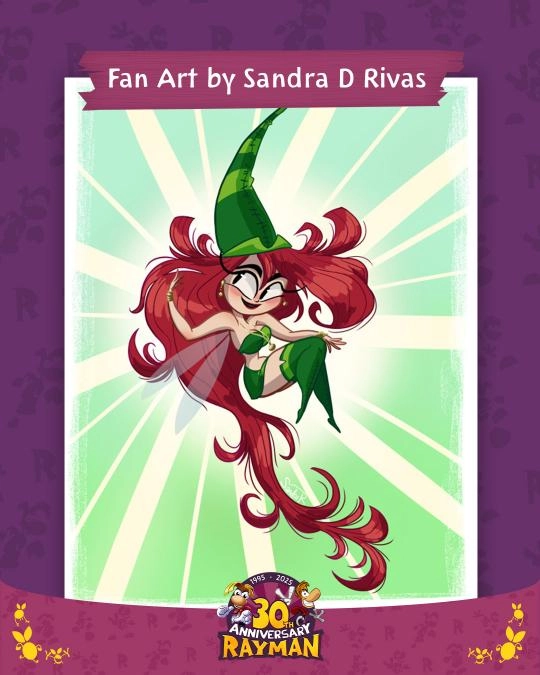 A whimsical character with long red hair and a green outfit, celebrating Rayman's 30th Anniversary