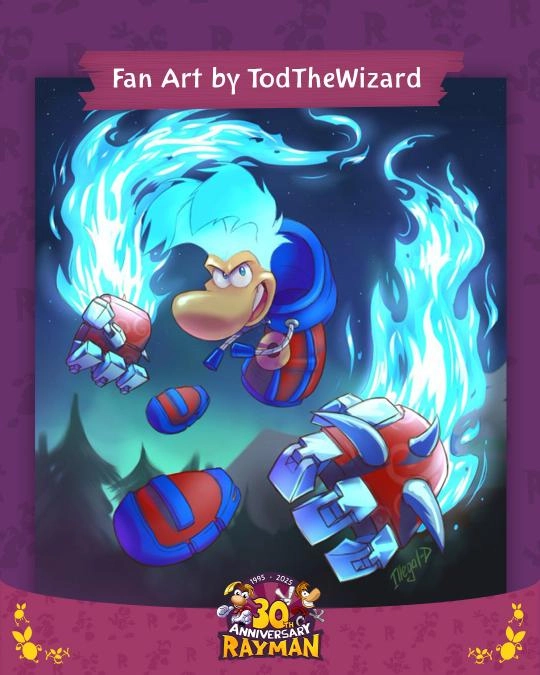 Rayman character in dynamic pose with glowing blue fists, celebrating 30th anniversary in fan art style