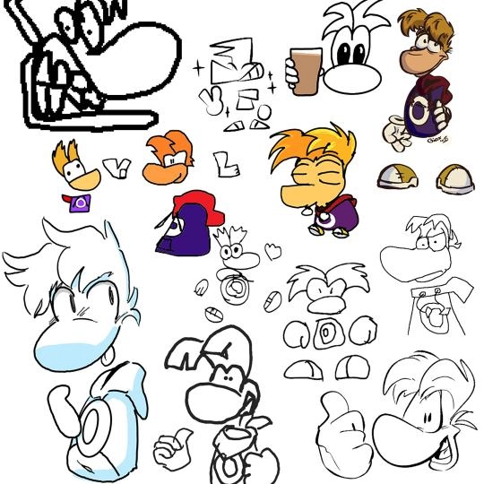 Various sketches of Rayman characters showcasing different expressions and poses in a playful style