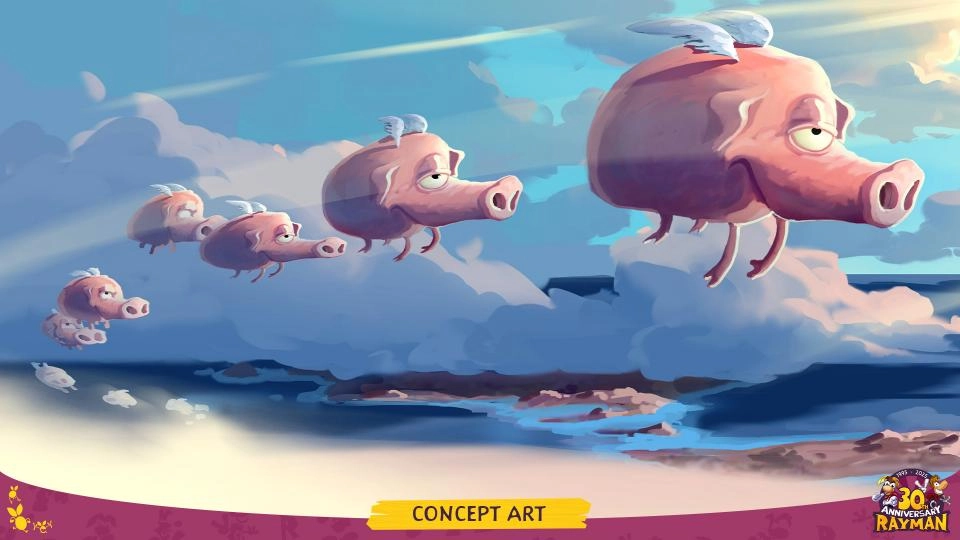 Flying pigs with wings soar through a cloudy sky, featured in Rayman concept art for the 30th anniversary